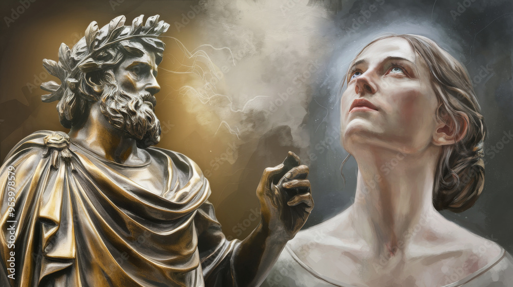 A blend of classical and modern art featuring a bronze statue of a bearded man and a portrait of a woman, highlighting contrast between historical and contemporary artistic styles A blend of classical and modern art featuring a bronze statue of a bearded man and a portrait of a woman, highlighting contrast between historical and contemporary artistic styles