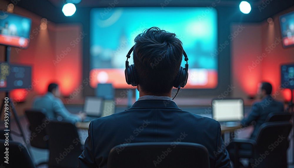 Man with headphones focused watching presentation in dimly lit conference room Man with headphones focused watching presentation in dimly lit conference room