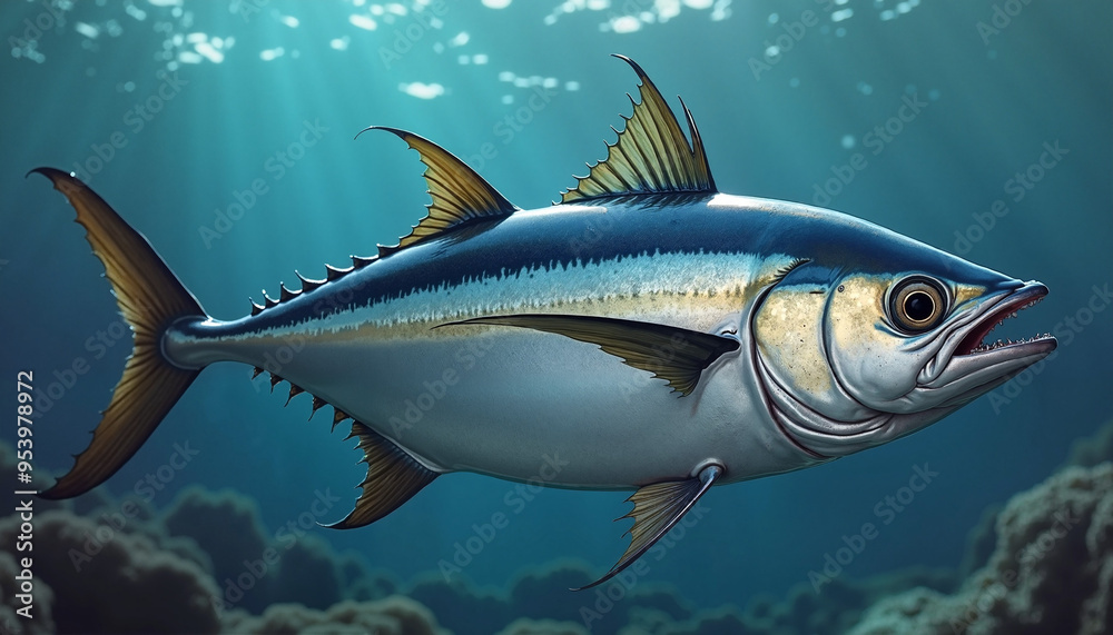 Naklejka premium Majestic Tuna Fish Swimming Gracefully Against Underwater Turquoise Background