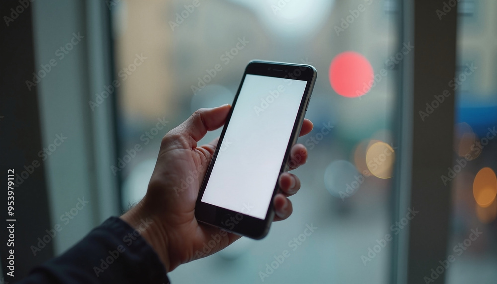Hand holding blank smartphone screen at dusk against blurred city lights Hand holding blank smartphone screen at dusk against blurred city lights