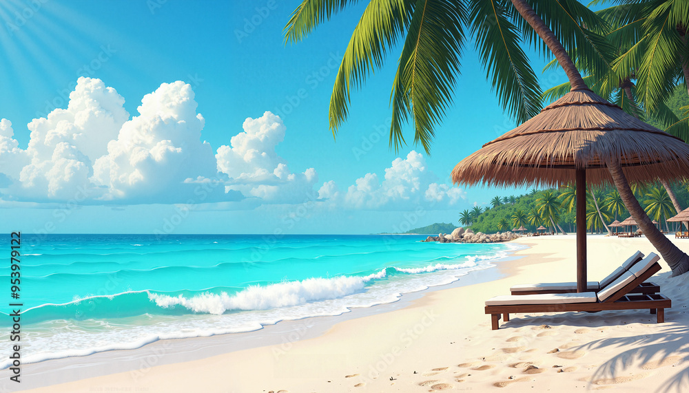 Fototapeta premium Idyllic Tropical Beach Paradise with Turquoise Waters and Palm Trees against Clear Blue Sky