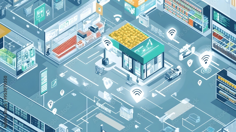 A graphic depicting the of IoT powered security and surveillance systems within a contemporary fresh market or grocery setting A graphic depicting the of IoT powered security and surveillance systems within a contemporary fresh market or grocery setting