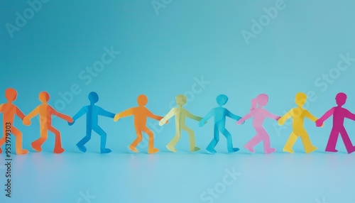 Colorful Paper Chain of People on Blue Background