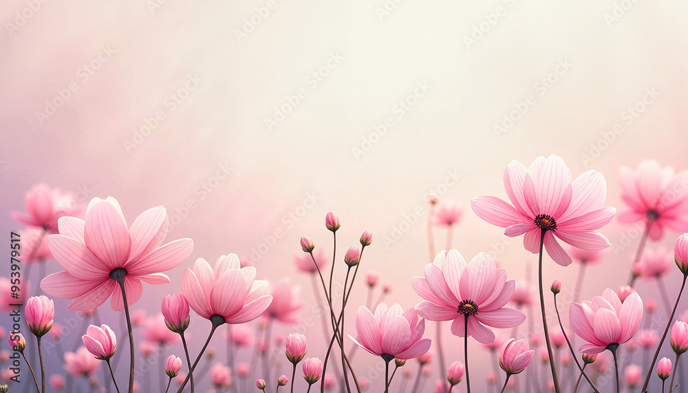 Delicate Pink Cosmos Flowers in Soft Light with Copy Space Delicate Pink Cosmos Flowers in Soft Light with Copy Space