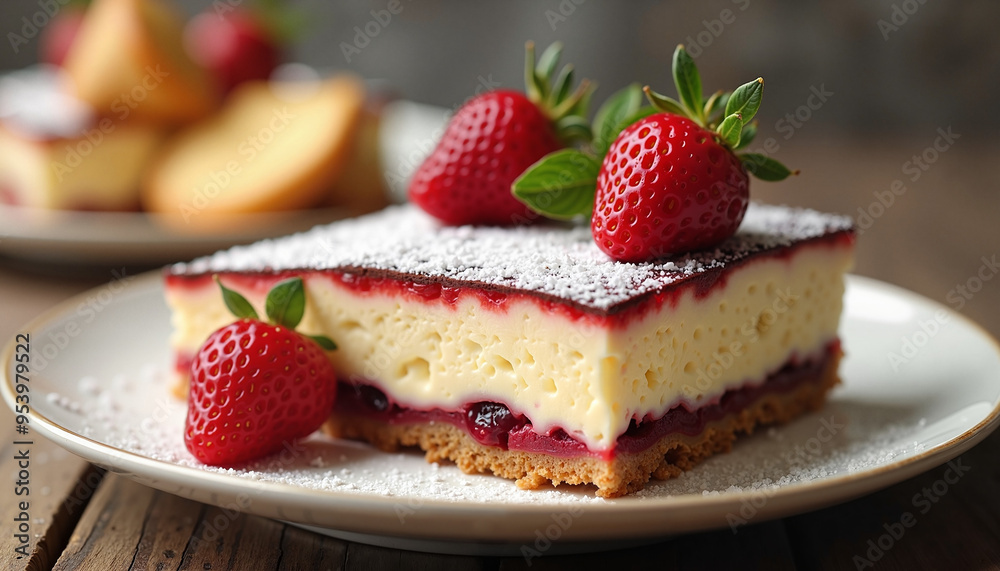 Delicious strawberry cheesecake slice with fresh berries and powdered sugar on rustic wooden table Delicious strawberry cheesecake slice with fresh berries and powdered sugar on rustic wooden table