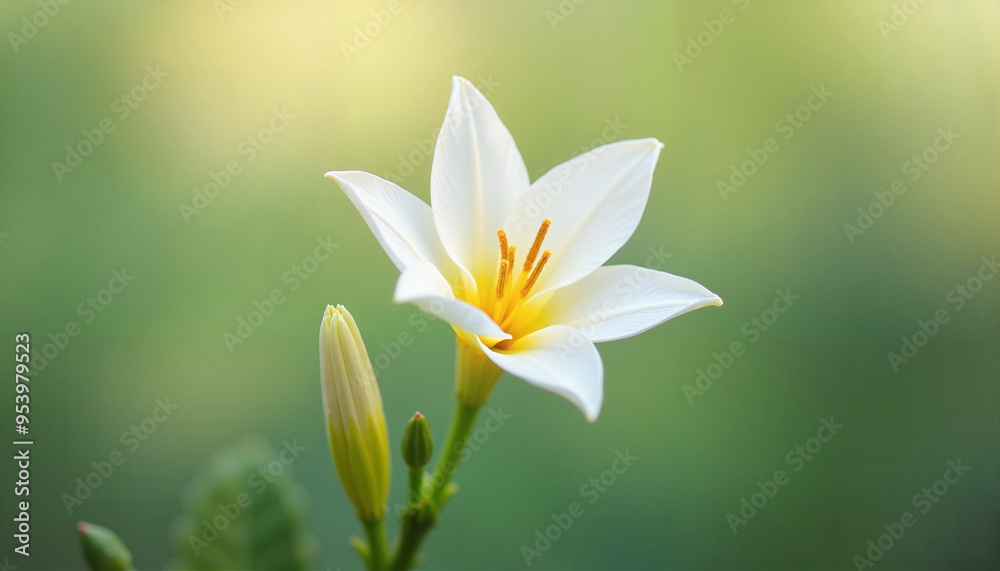 Delicate white lily with serene beauty blooming against blurred green background Delicate white lily with serene beauty blooming against blurred green background