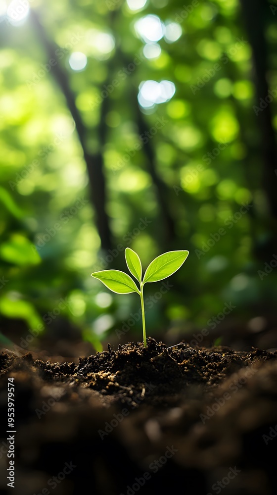 A small green shoot of a tree growing in the forest, symbolizing new life and growth A small green shoot of a tree growing in the forest, symbolizing new life and growth