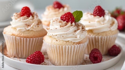 Fresh Strawberry Cupcakes with Cream Frosting on White Tray. Angel Food Cupcakes