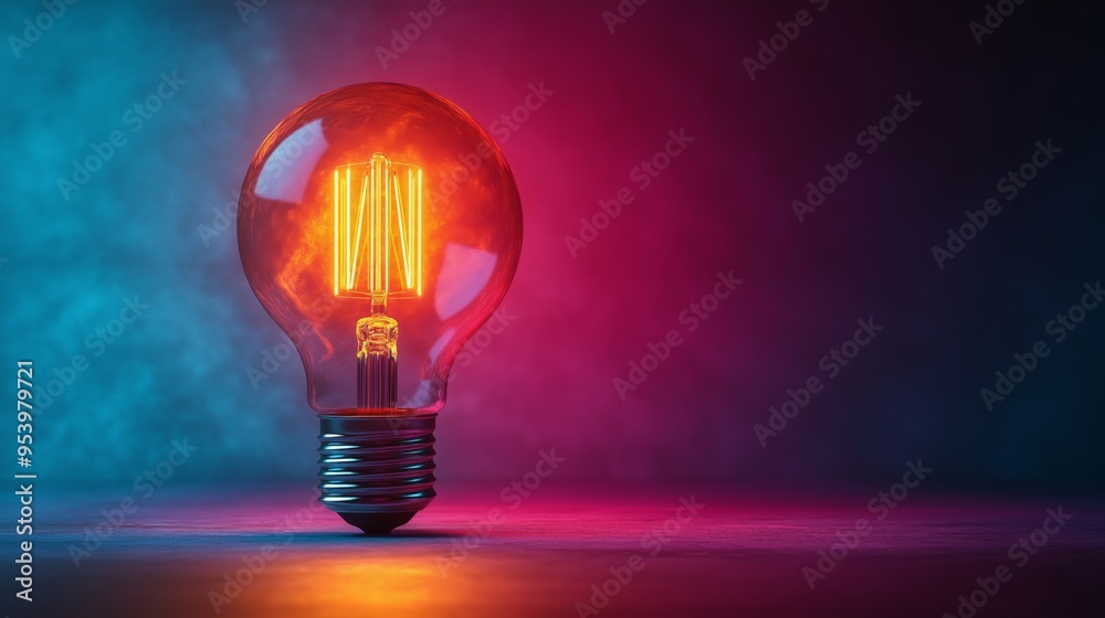 Glowing Orange Light Bulb in a Dark Room with Blue and Pink Neon Colors, Representing Creative Ideas and Innovative Thinking