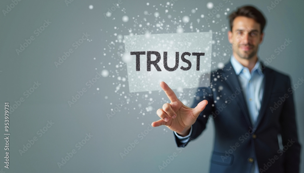 Businessman with confident smile pointing at floating Businessman with confident smile pointing at floating
