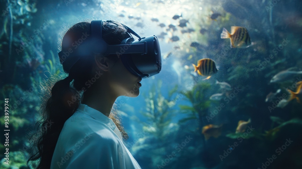 A young woman immersed in the beauty of the virtual underwater world, experiencing the ocean's vibrant life in a new way through VR A young woman immersed in the beauty of the virtual underwater world, experiencing the ocean's vibrant life in a new way through VR