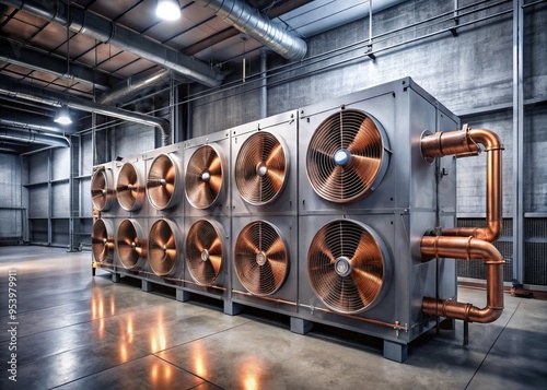 A sleek, modern industrial chiller unit with copper pipes and silver fans sits against a gray concrete wall photo