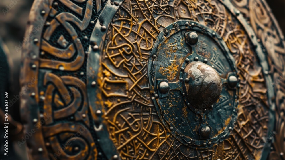 Ancient Shield with Intricate Viking Carvings Ancient Shield with Intricate Viking Carvings