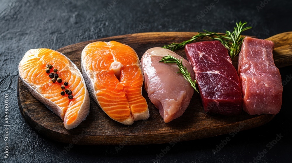 Assorted Fresh Salmon and Meat Cuts on Dark Surface