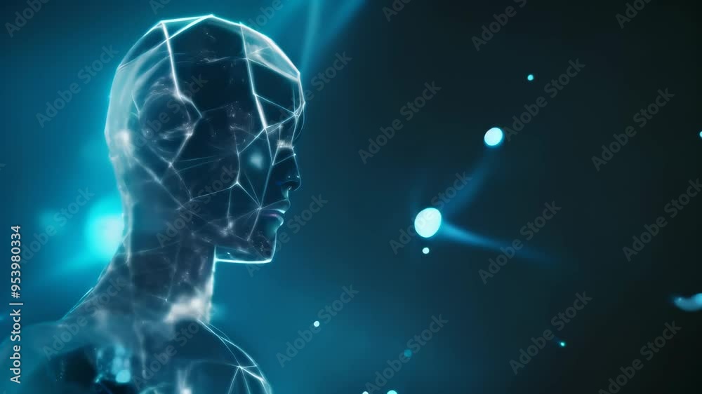 Digital human-like figure made of blue geometric lines and glowing connections, symbolizing AI and networks. Digital human-like figure made of blue geometric lines and glowing connections, symbolizing AI and networks.