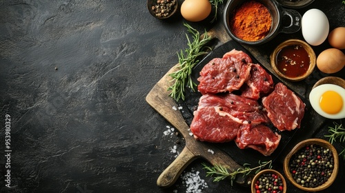 Fresh Raw Steak Ready for Cooking on Rustic Cutting Board photo