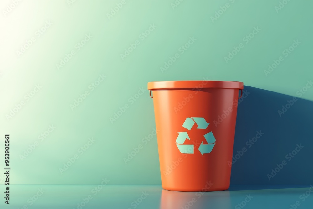 A 3D of an orange recycling bin with a turquoise recycling symbol, set against a green background. The bin symbolizes environmental consciousness, responsible waste disposal, and sustainability. A 3D of an orange recycling bin with a turquoise recycling symbol, set against a green background. The bin symbolizes environmental consciousness, responsible waste disposal, and sustainability.