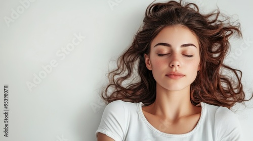 A beautiful young woman with long, wavy brown hair lies peacefully on a white background, her eyes closed and her expression serene, suggesting relaxation, tranquility, and inner peace.