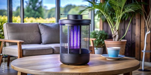 A sleek, modern mosquito trap device with UV light and fan, sitting on a table, waiting to capture photo