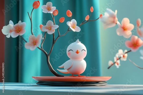 A charming 3D cartoon bird perches on a delicate branch of blossoming pink flowers, symbolizing joy, peace, new beginnings, and the beauty of nature. The  bird's cheerful expression adds to the overal photo