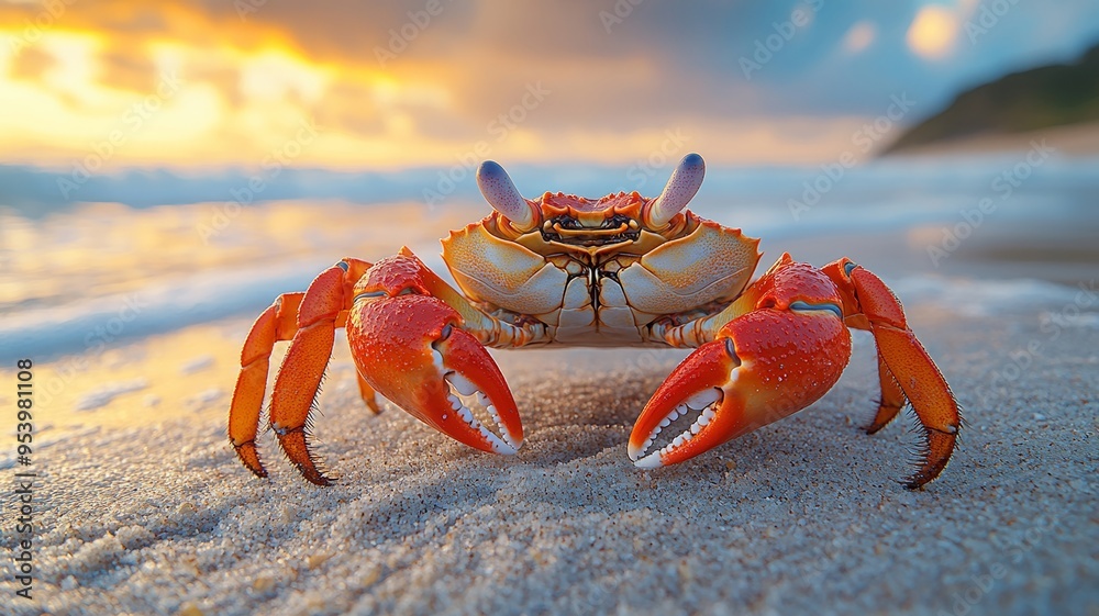 Close-up of a Red Crab on a Sandy Beach