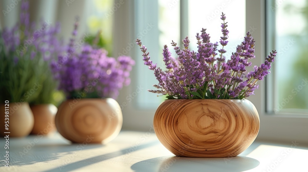 Fototapeta premium Lavender bouquet in wooden vase on window sill. Home interior and relaxation concept