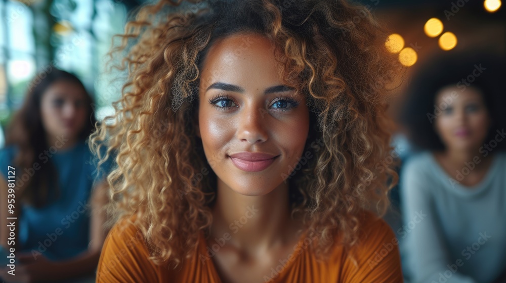 Obraz premium Radiant Young Woman with Curly Hair Smiling in Cafe