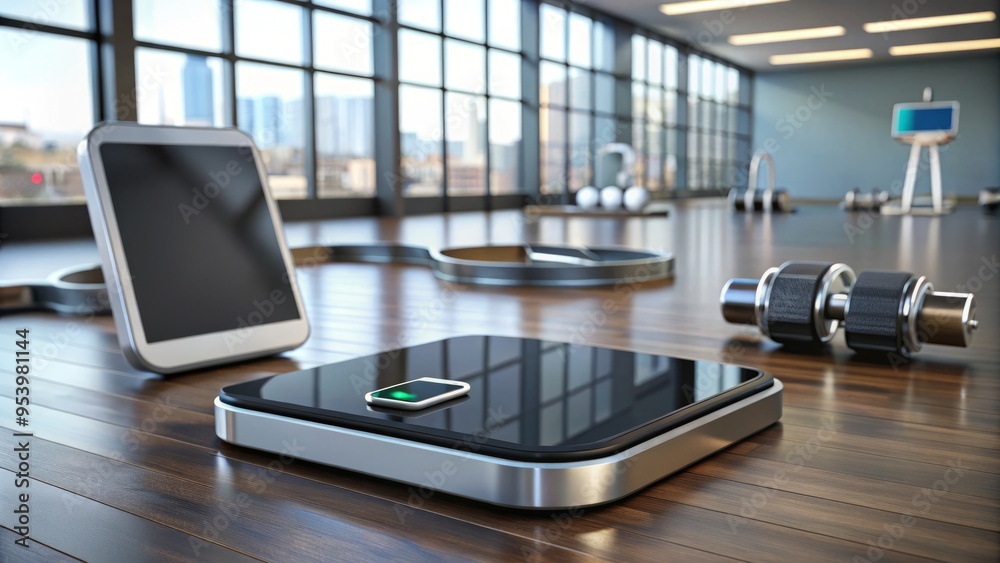 A sleek modern scale displays a digital readout amidst a backdrop of scattered fitness trackers, smartwatches, and A sleek modern scale displays a digital readout amidst a backdrop of scattered fitness trackers, smartwatches, and