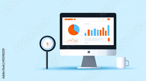 A desktop computer displaying graphs and charts with a magnifying glass symbolizing SEO analysis, keyword research, data insights and digital marketing.