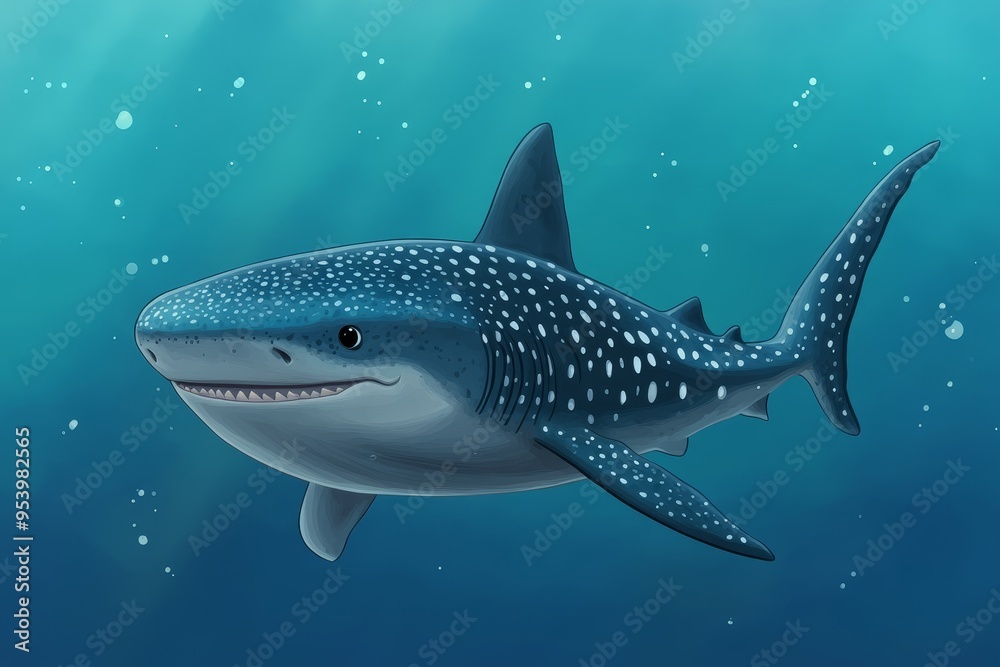 Naklejka premium A friendly cartoon whale shark swims through clear blue water, its spotted body and gentle expression convey a sense of peace and tranquility. It symbolizes the beauty of the ocean, marine life, and 
