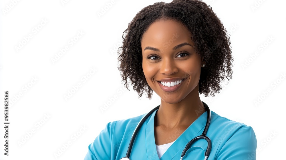 A friendly, confident African American nurse wearing blue scrubs and a stethoscope, smiling warmly at the camera. She symbolizes care, compassion, expertise, and professionalism in healthcare. A friendly, confident African American nurse wearing blue scrubs and a stethoscope, smiling warmly at the camera. She symbolizes care, compassion, expertise, and professionalism in healthcare.