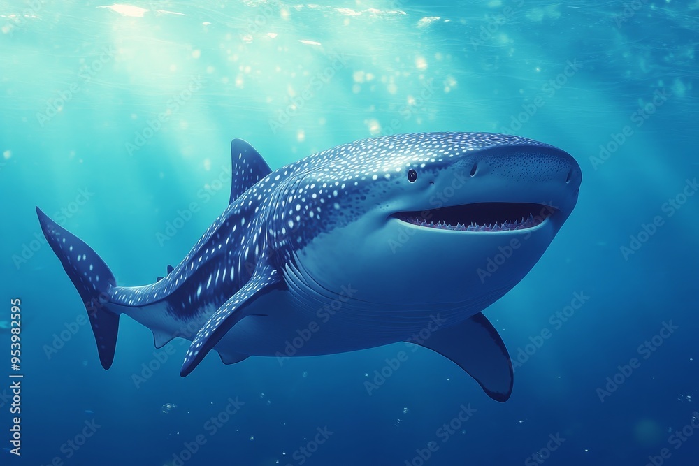 Fototapeta premium A friendly whale shark swims gracefully through the ocean, its large mouth open in a gentle smile. Its blue-grey skin is adorned with white spots, creating a stunning pattern. The sun shines through t