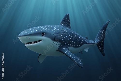 A friendly cartoon whale shark with white spots swims through the ocean, its mouth slightly open and its eyes wide. The blue water is illuminated by a soft light. This image symbolizes the beauty of m