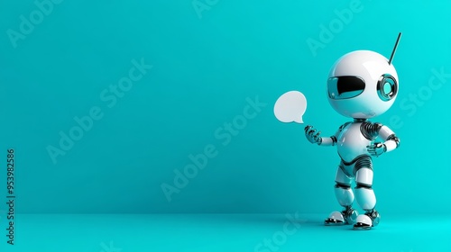 A friendly, white robot with shiny chrome accents is holding a blank speech bubble, a concept symbolizing communication, technology, artificial intelligence, future, and innovation.