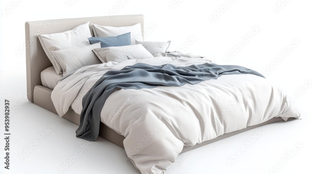 Obraz premium A luxurious bedroom setting with a plush duvet cover and decorative pillows. The white bedding creates a sense of calm and relaxation, while the blue throw adds a touch of sophistication. The overall