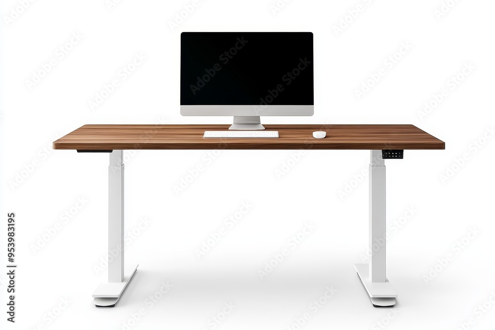 A minimalist modern standing desk with a walnut wood top and white frame, featuring a monitor, keyboard, and mouse. The desk is isolated against a white background, symbolizing a clean, functional, an A minimalist modern standing desk with a walnut wood top and white frame, featuring a monitor, keyboard, and mouse. The desk is isolated against a white background, symbolizing a clean, functional, an