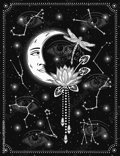 Magic poster, card with moon, zodiacal constellations, flying dragonfly, magic Lotus. All seeing eye on black background. Astrology, alchemy, boho, mystery concept.