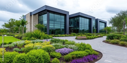 A contemporary, three-story office structure with lots of windows, encircled by well manicured gardens, and with a modest front seating area photo