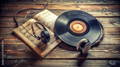 A sleek, retro-style vinyl record album lies open on a wooden table, surrounded by scattered music sheets and