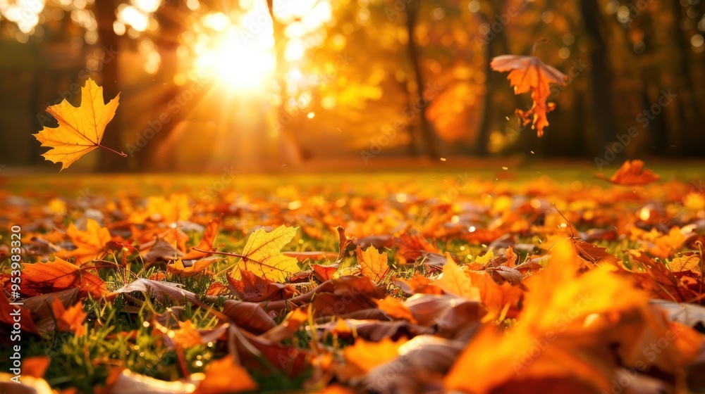 Autumnal Scene With Falling Leaves in Golden Light Autumnal Scene With Falling Leaves in Golden Light