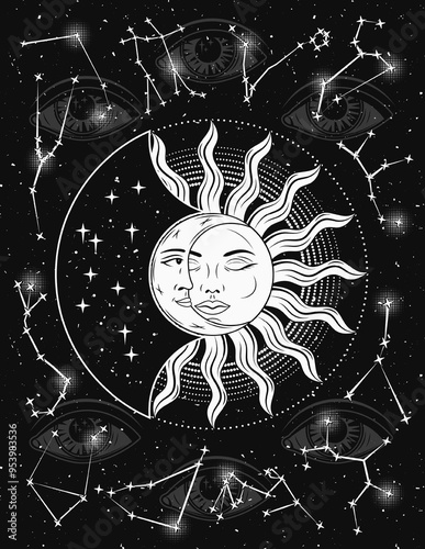 Black and white poster with zodiacal constellations, sun eclipse with crescent moon. Eye of providence behind on background. Mystical astrological illustration in vintage style.