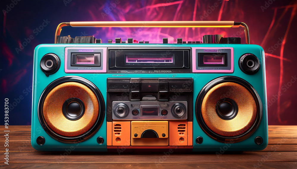 A close-up of a 90s era boombox with cassette tapes and neon-colored headphones, placed on a vintage table with a nostalgic background. Illustration. A close-up of a 90s era boombox with cassette tapes and neon-colored headphones, placed on a vintage table with a nostalgic background. Illustration.