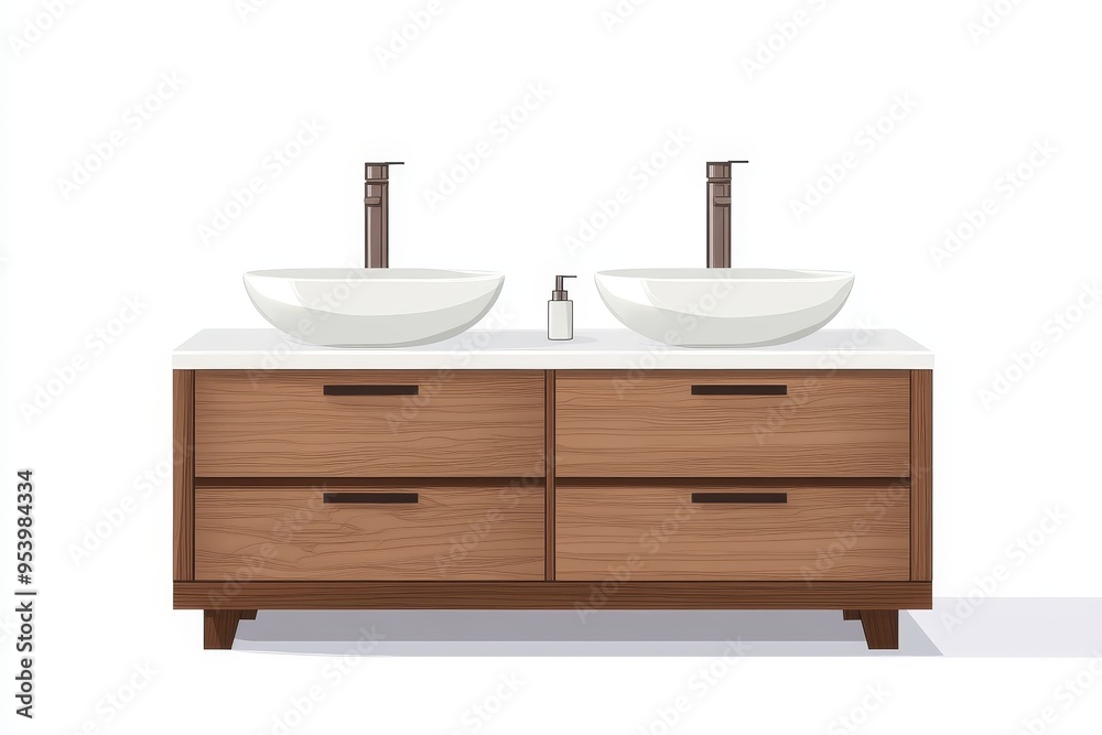 A sleek and modern bathroom vanity with double sinks, featuring a wooden cabinet with four drawers and sleek chrome faucets. The clean lines and minimalist design create a contemporary aesthetic. A sleek and modern bathroom vanity with double sinks, featuring a wooden cabinet with four drawers and sleek chrome faucets. The clean lines and minimalist design create a contemporary aesthetic.