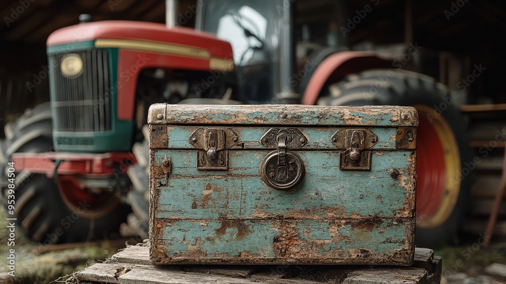 Rusty antique chest with lock in front of vintage tractor Rusty antique chest with lock in front of vintage tractor