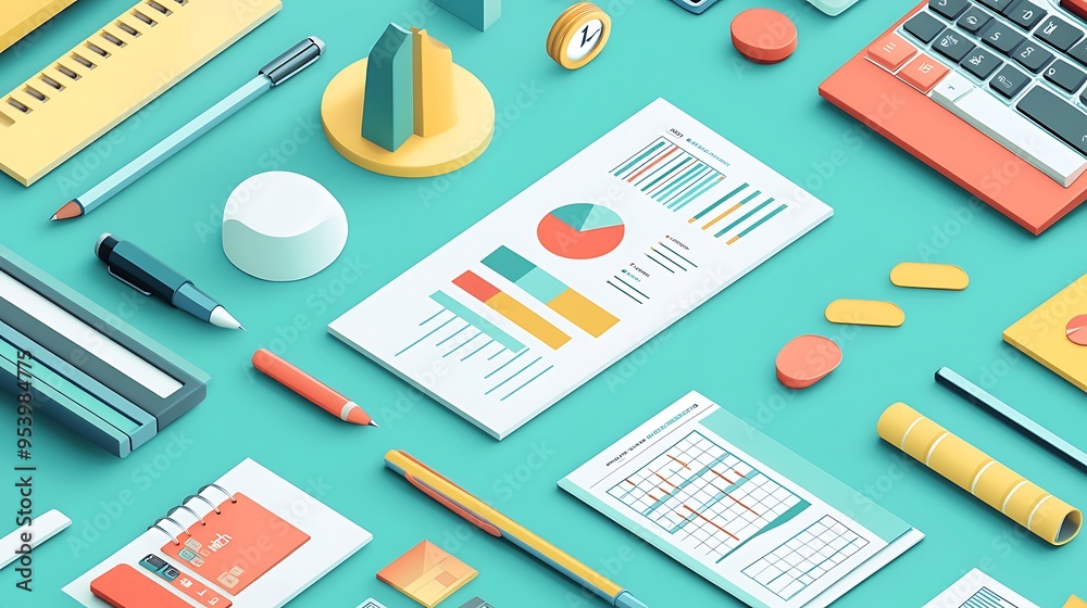 Colorful Office Supplies and Charts on a Teal Surface Colorful Office Supplies and Charts on a Teal Surface