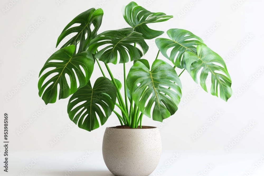 A vibrant Monstera Deliciosa plant thrives in a contemporary pot, symbolizing growth, nature, and indoor greenery. The large, split leaves add a touch of tropical elegance, making it a perfect stateme A vibrant Monstera Deliciosa plant thrives in a contemporary pot, symbolizing growth, nature, and indoor greenery. The large, split leaves add a touch of tropical elegance, making it a perfect stateme