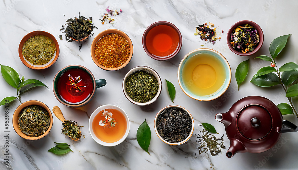 A flat lay of a variety of different teas and teapots on a marble countertop, showcasing a range of colors and textures. A flat lay of a variety of different teas and teapots on a marble countertop, showcasing a range of colors and textures.