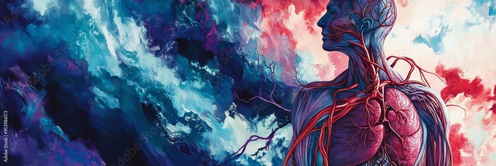 This abstract medical illustration depicts the human circulatory system ...