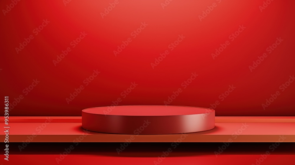 A minimalistic red background with a circular platform, ideal for product displays or presentations. A minimalistic red background with a circular platform, ideal for product displays or presentations.