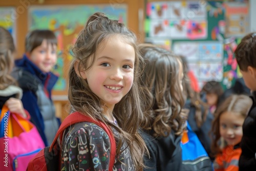 A girl with a red backpack is smiling at the camera photo